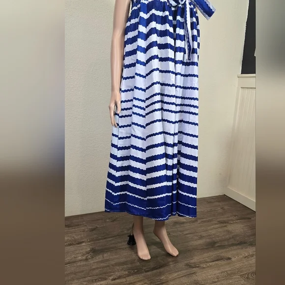 NF Striped 100% Cotton Box Pleated Maxi Skirt Blue/ White One Size Whit Pockets - Picture 13 of 16